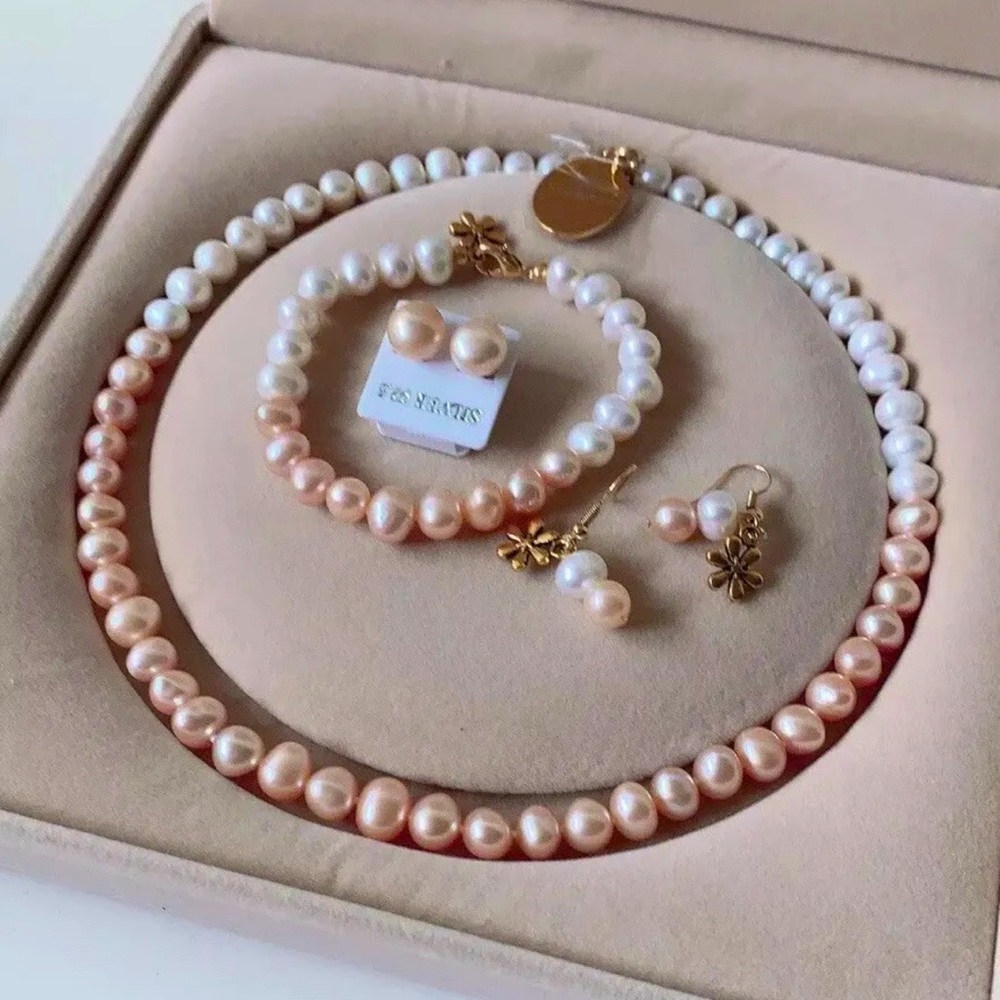 NA*PRAWDE genuine pearl necklace set Potato Shape 8mm AAA Grade - Picture 2 of 7